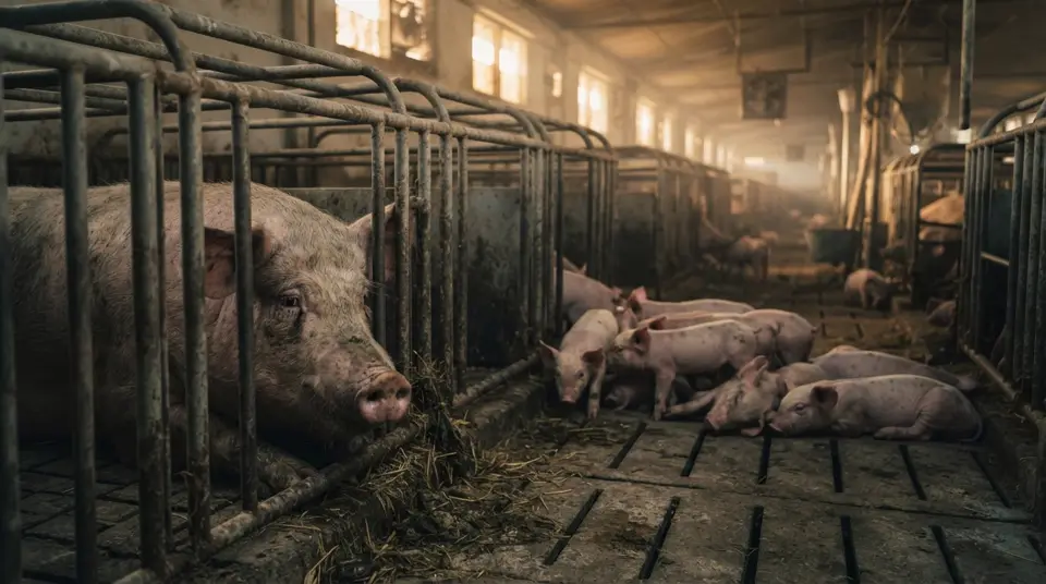 Eine Sau in einer engen Ferkelbucht, umgeben von Metallgittern, die das Problem der Ferkelbuchten und Antibiotikaresistenz in der intensiven Tierhaltung in Südostasien zeigt.