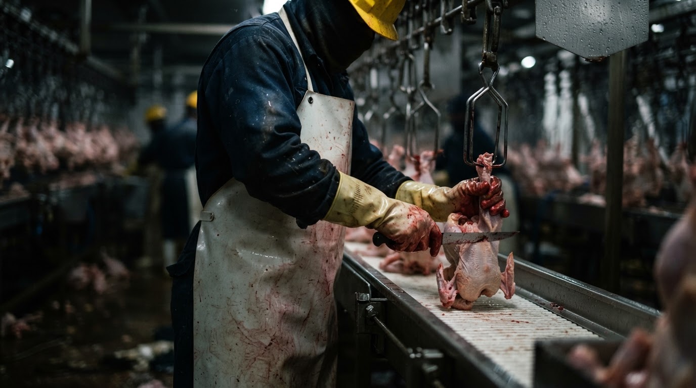 保護具を着用し作業する食肉処理場労働者。劣悪な労働条件を暗示。