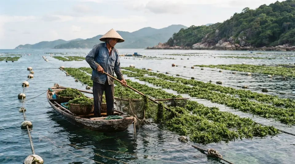 Cảnh quan nuôi trồng rong biển bền vững ở Phú Quốc, minh họa cho cải cách phúc lợi động vật.