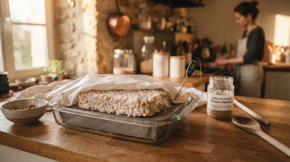 La fermentation de tempeh maison en cours, montrant des fèves de soja couvertes de mycélium blanc.