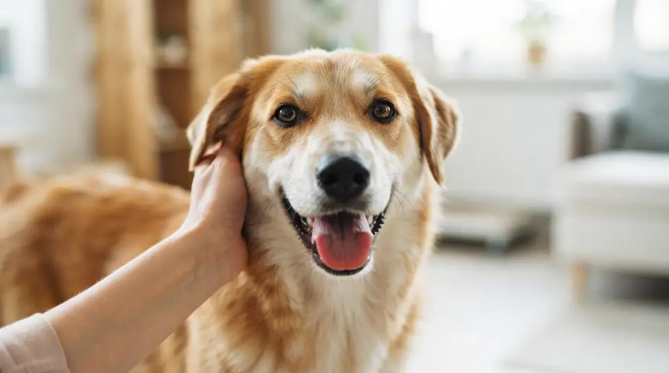 一只健康的救援犬,眼神明亮,背景是舒适的家庭环境,代表家庭繁殖与救援的理想结果。