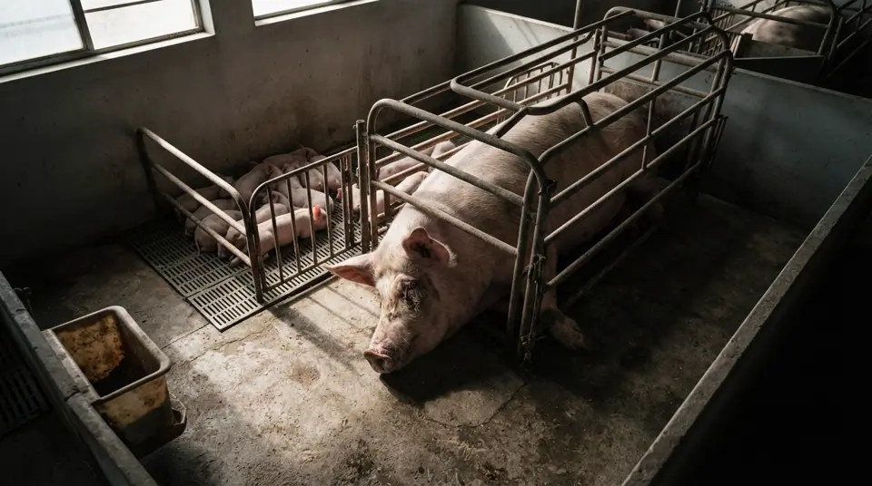 Eine Sau in einer engen Ferkelbucht, die nur wenig Bewegungsfreiheit zulässt und die Realität der industriellen Schweinehaltung in Lateinamerika darstellt.