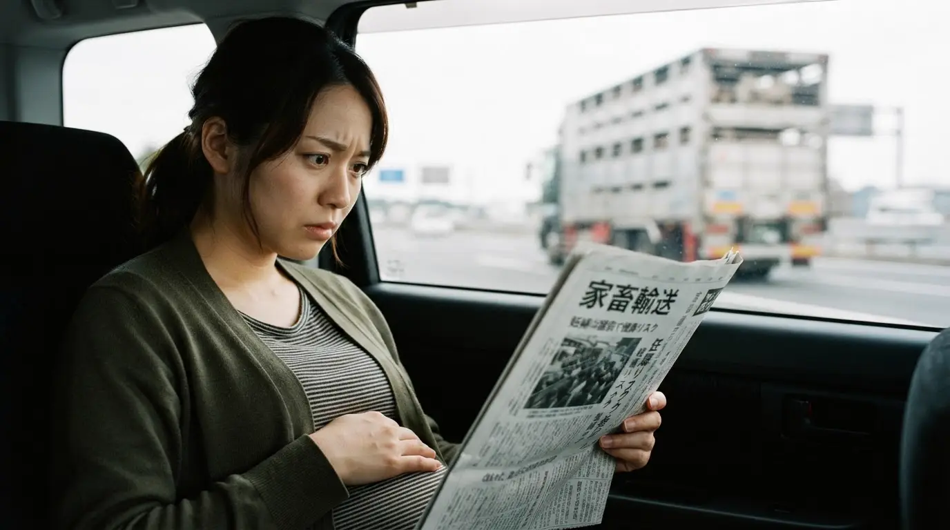 家畜輸送の運行時間規制に関する記事を読み、心配そうな妊婦の女性。
