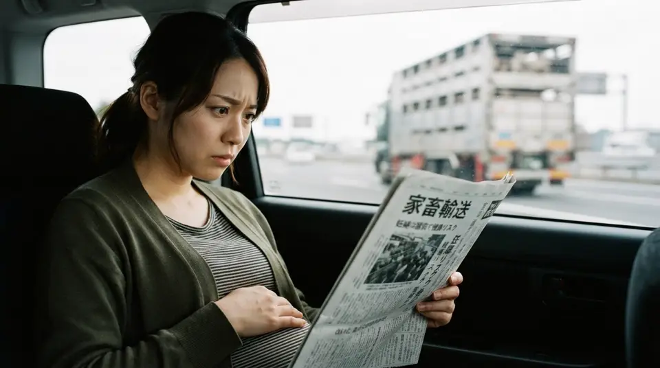 家畜輸送の運行時間規制に関する記事を読み、心配そうな妊婦の女性。