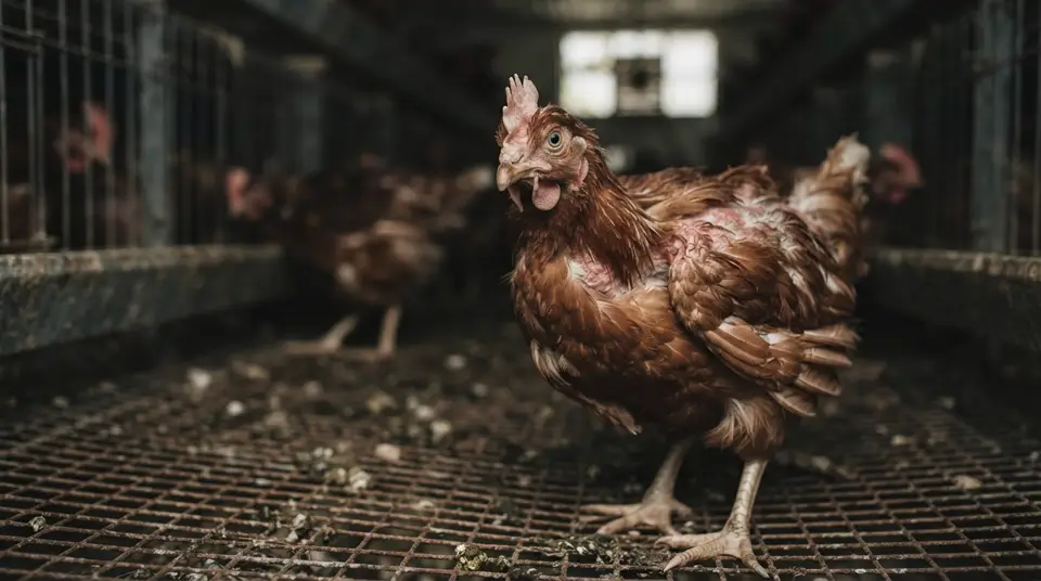Uma galinha após a muda forçada, com penas escassas, em um ambiente de produção de ovos.