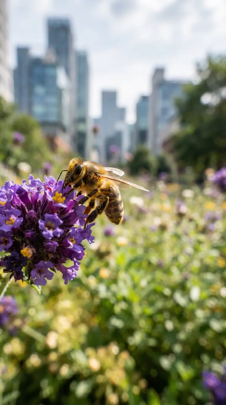 Eine Honigbiene sammelt Nektar auf einer bunten Blume in einem städtischen Park, exemplarisch für die urbane Bienenhaltung.