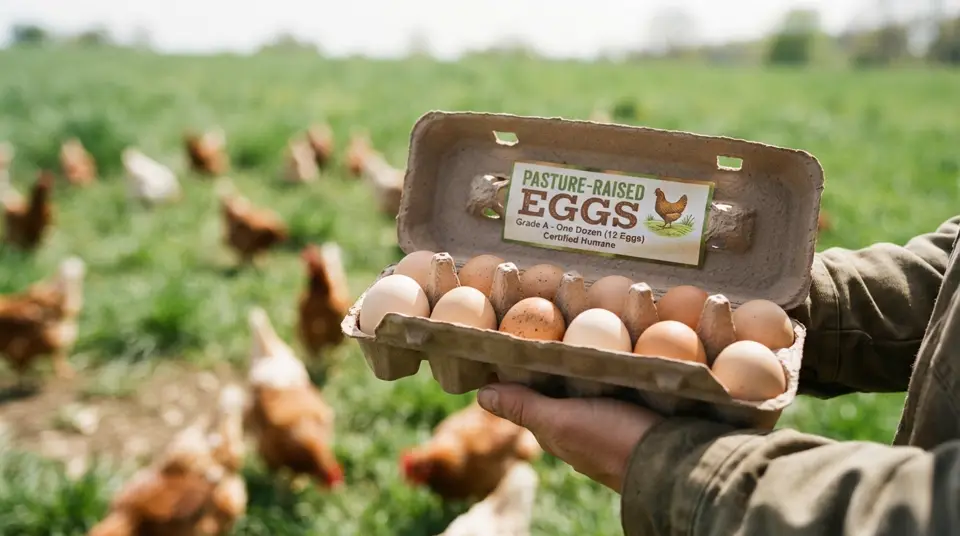 Katoni ya mayai ya kuku yenye alama ya 'pasture-raised' iliyo mbele ya kuku wanaotembea kwenye malisho.