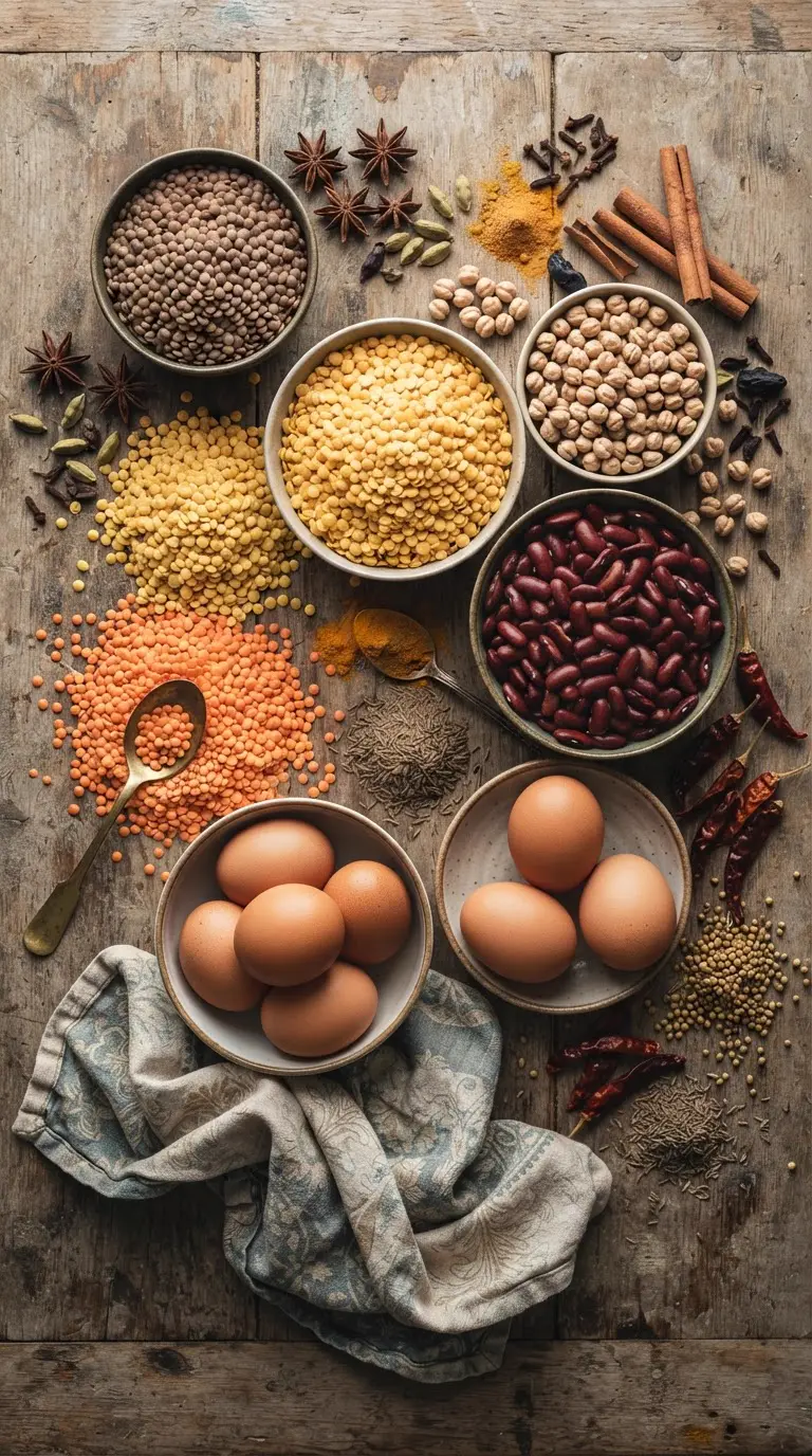 Hindistan bağlamında yumurta proteinleri ve çeşitli bitkisel protein kaynakları (mercimek, nohut) bir arada.