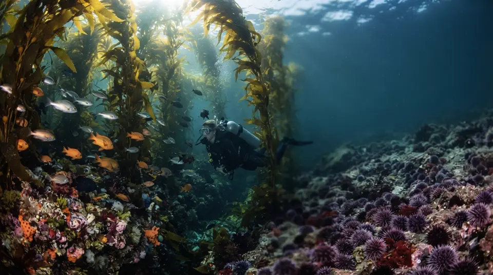  thriving kelp forest contrasts sharply with a barren seabed, highlighting marine challenges in island nations.
