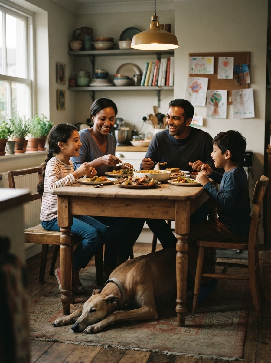 Familie mit adoptiertem Rennhund, die verschiedene Esskulturen in einem harmonischen Zuhause verbindet