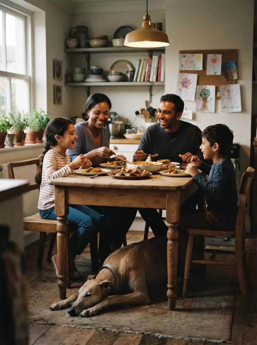 Familie mit adoptiertem Rennhund, die verschiedene Esskulturen in einem harmonischen Zuhause verbindet