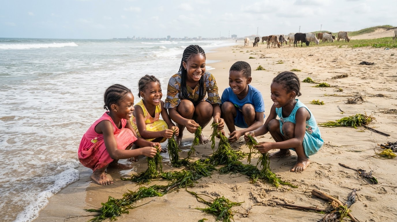Nigeriansche Kinder untersuchen Meeresalgen am Strand, die zur Methanreduktion eingesetzt werden könnten.