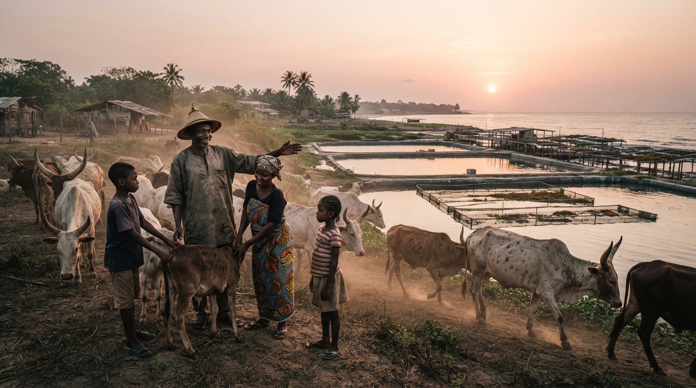 Familie in Nigeria bei der Rinderzucht mit Algen in der Nähe.