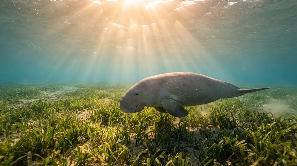 一只儒艮在海湾地区清澈海草中游泳，代表着海湾地区儒艮的未来。