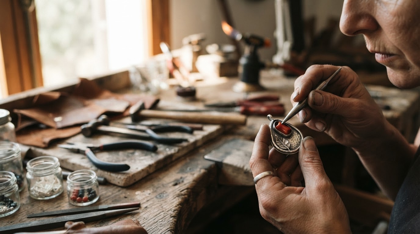Mains d'artisan travaillant sur un bijou éthique méditerranéen en argent recyclé et corail durable.