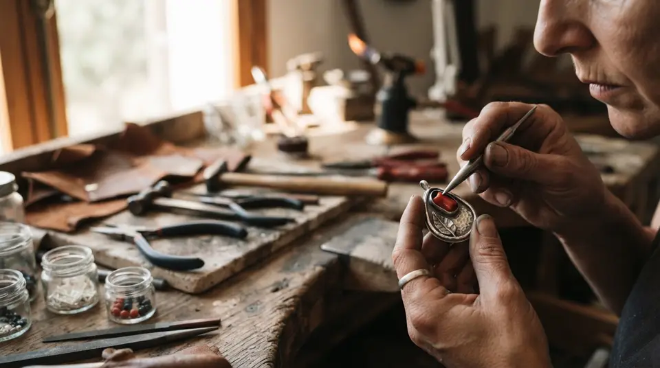 Mains d'artisan travaillant sur un bijou éthique méditerranéen en argent recyclé et corail durable.