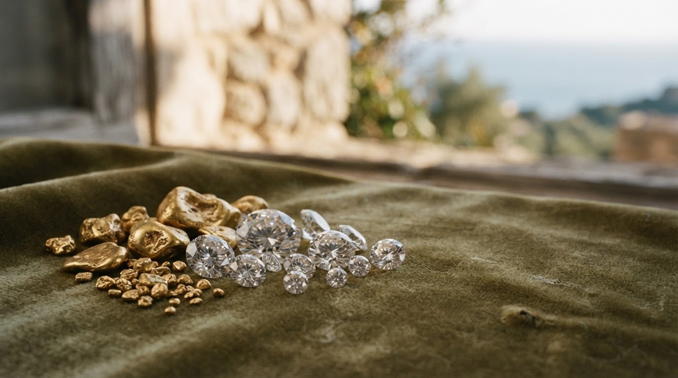 Diamants de laboratoire et pépites d'or recyclé, symboles de joaillerie durable.