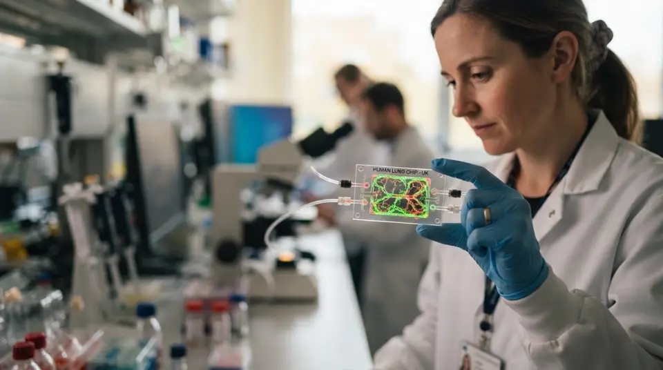 Ein Organ-on-Chip-Modell, das menschenrelevante Testmethoden in einem britischen Forschungslabor demonstriert.