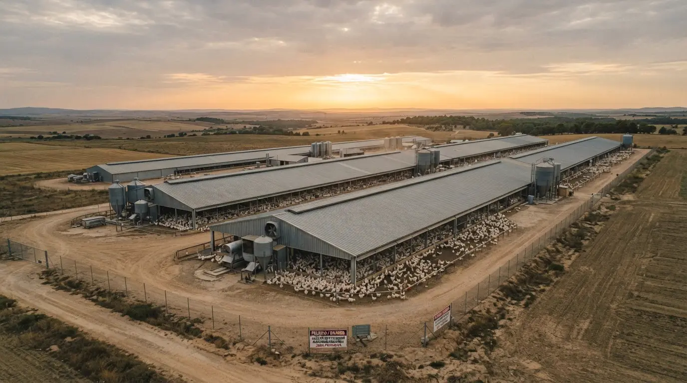 Granja avícola industrial mostrando la densidad de la ganadería intensiva y el riesgo de gripe aviar H5N1.