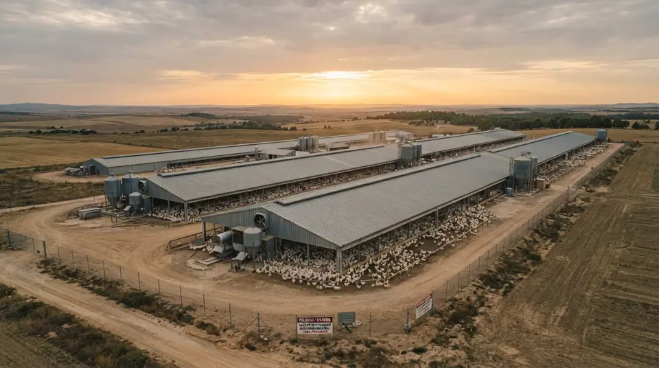 Overcrowded broiler chicken farm with poor living conditions