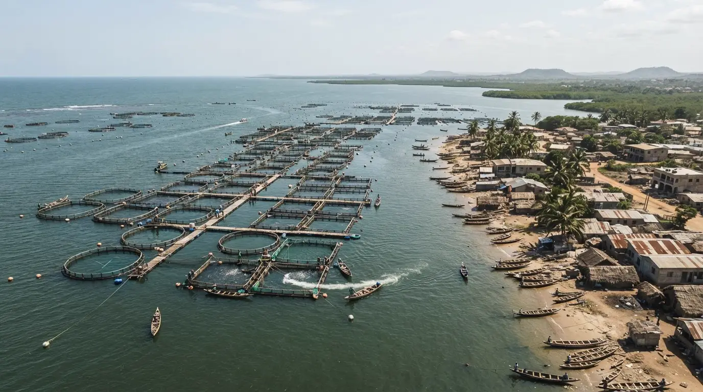 Vista aérea de uma exploração de aquicultura na África Ocidental, destacando o uso de antibióticos e seus impactos.