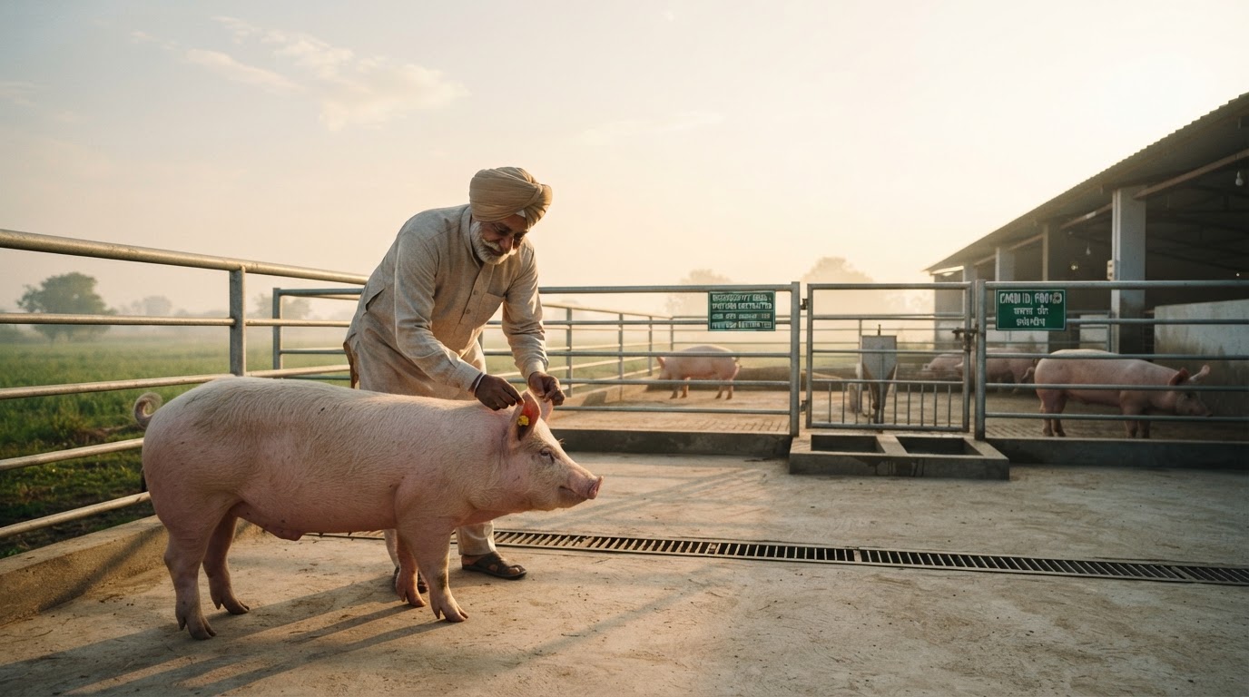 Ein indischer Landwirt inspiziert ein gesundes Schwein als Teil des Plans gegen die Afrikanische Schweinepest.