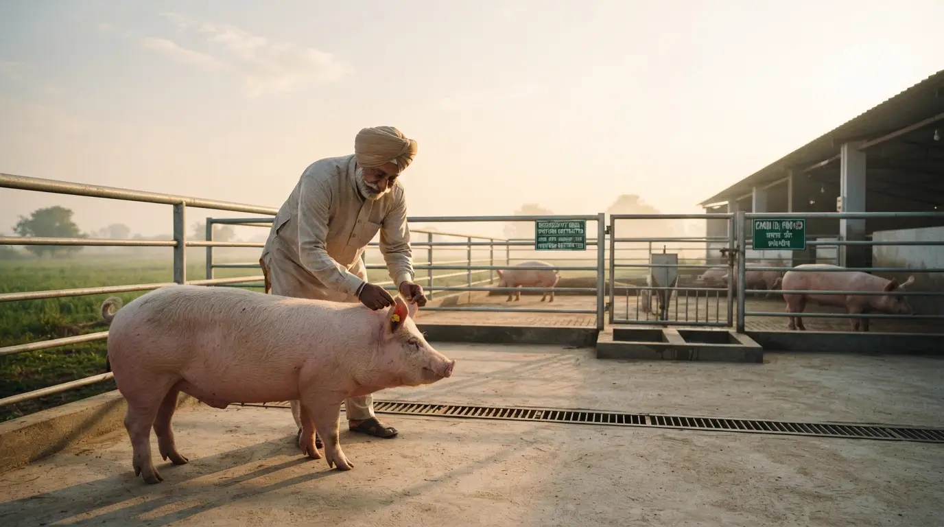 Ein indischer Landwirt inspiziert ein gesundes Schwein als Teil des Plans gegen die Afrikanische Schweinepest.