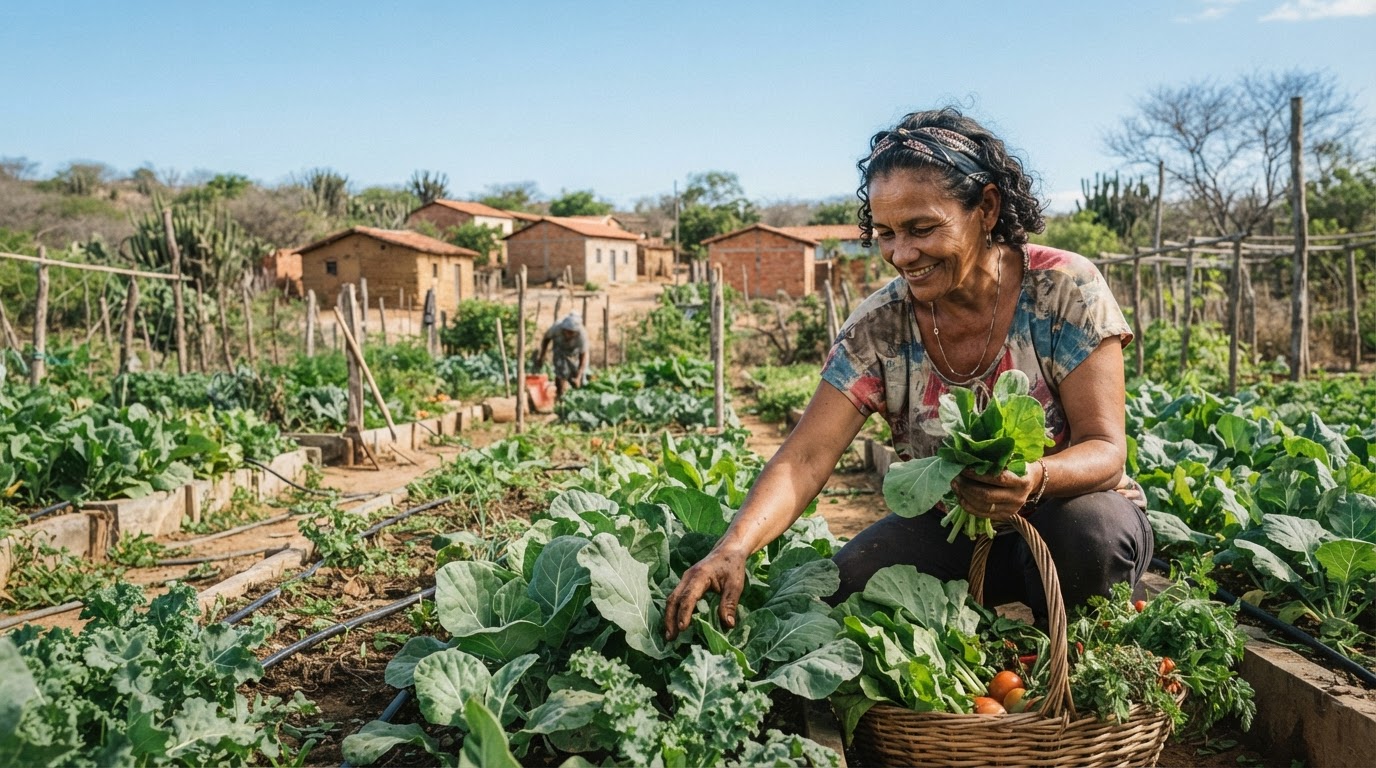 Comunidade de Várzea Alegre colhendo hortaliças em horta comunitária, seguindo recomendações do IPCC sobre dietas e clima para reduzir emissões.