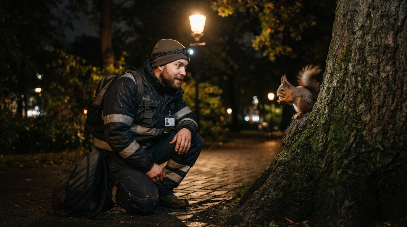 Travailleur posté observant un écureuil roux dans un projet de rewilding nocturne accessible en 2024