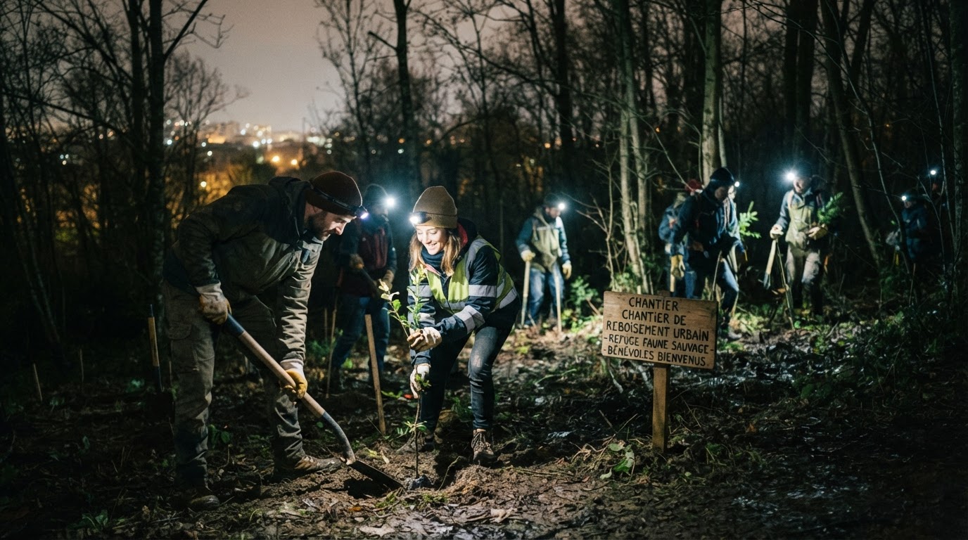 Bénévoles en action dans un projet de reforestation nocturne pour travailleurs postés
