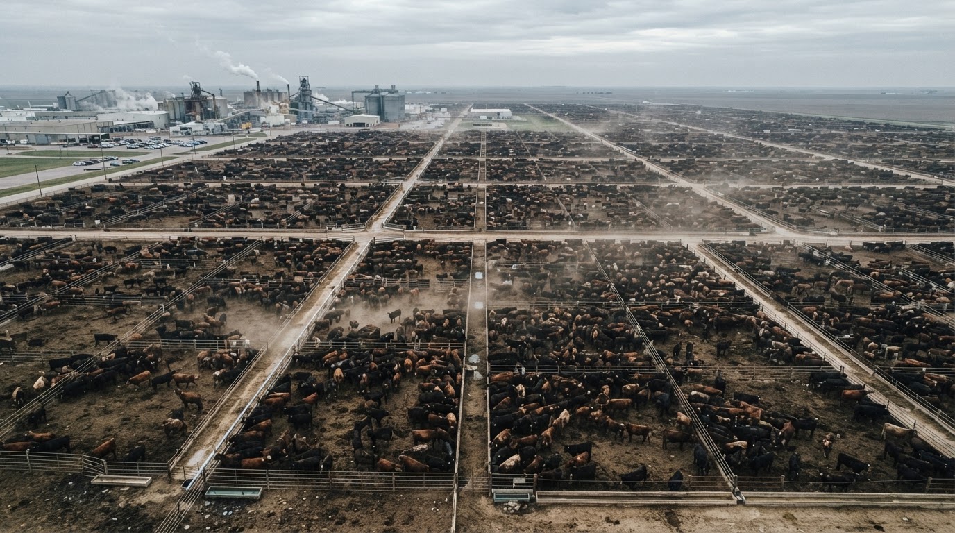 Cattle Feedlots erklärt: Luftaufnahme eines industriellen Rindermastbetriebs in Nebraska mit dicht gedrängten Tieren und Schlachthof im Hintergrund