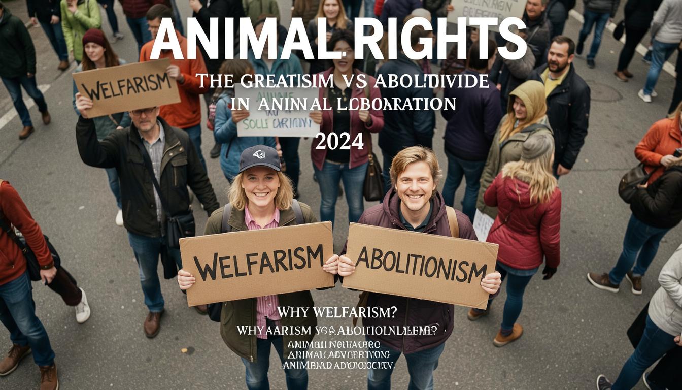 Activists holding 'Welfarism' and 'Abolitionism' signs at an animal rights protest.