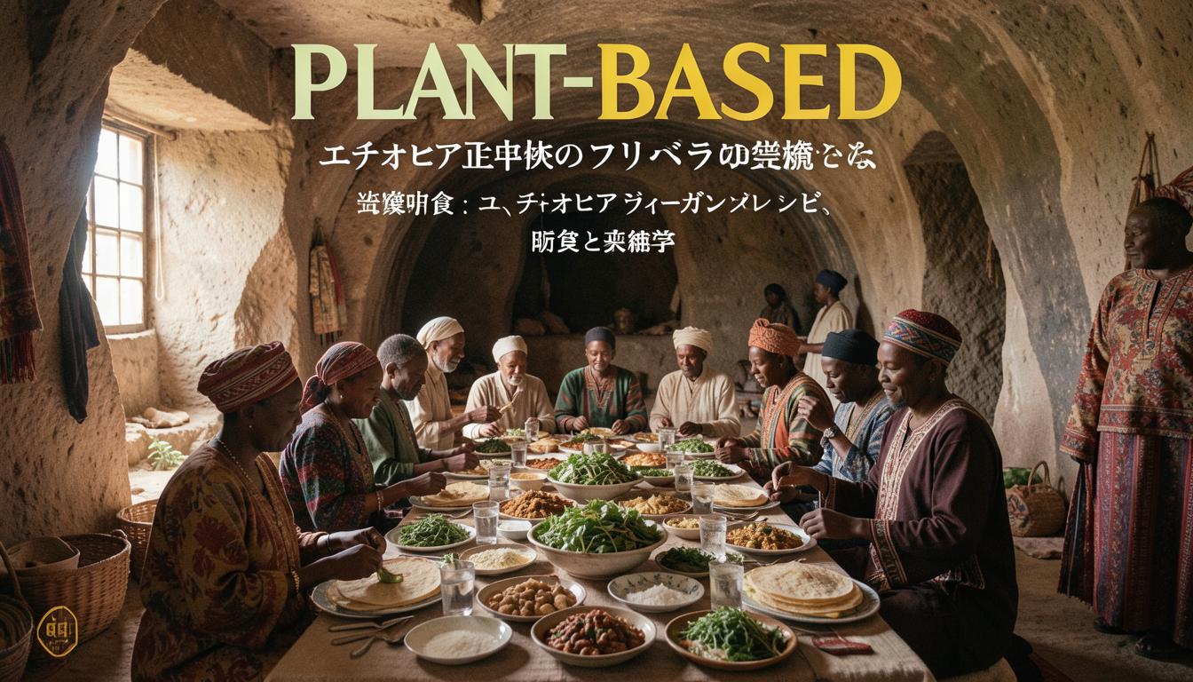 エチオピア正教会の断食明けに信者たちが植物性料理を囲む伝統的な風景