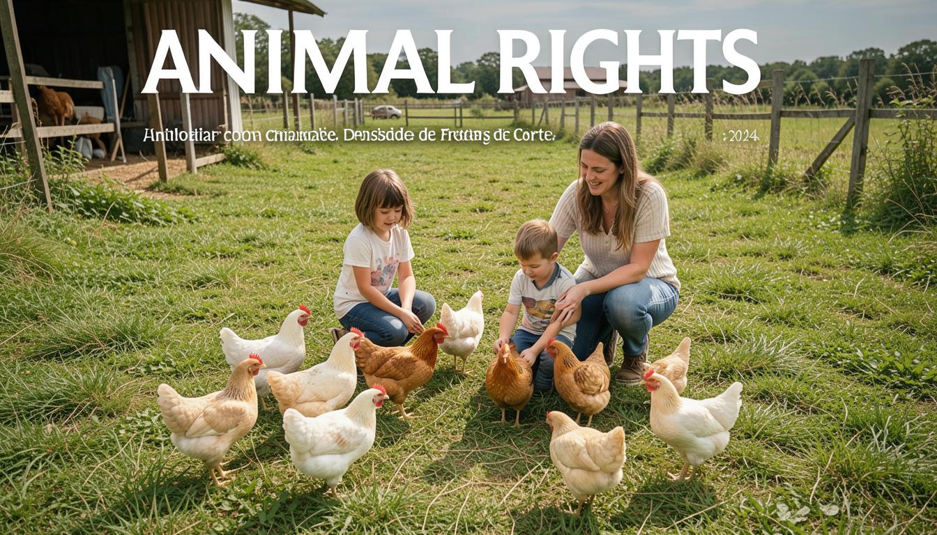 Família na fazenda com galinhas em espaço aberto