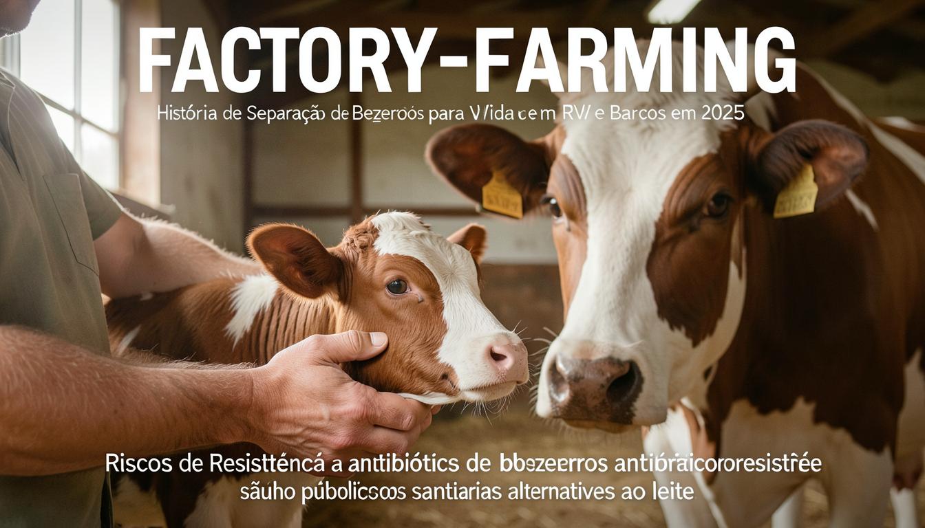 Separação de bezerros em laticínios industrializados, destacando o contato humano inicial e o risco de resistência a antibióticos