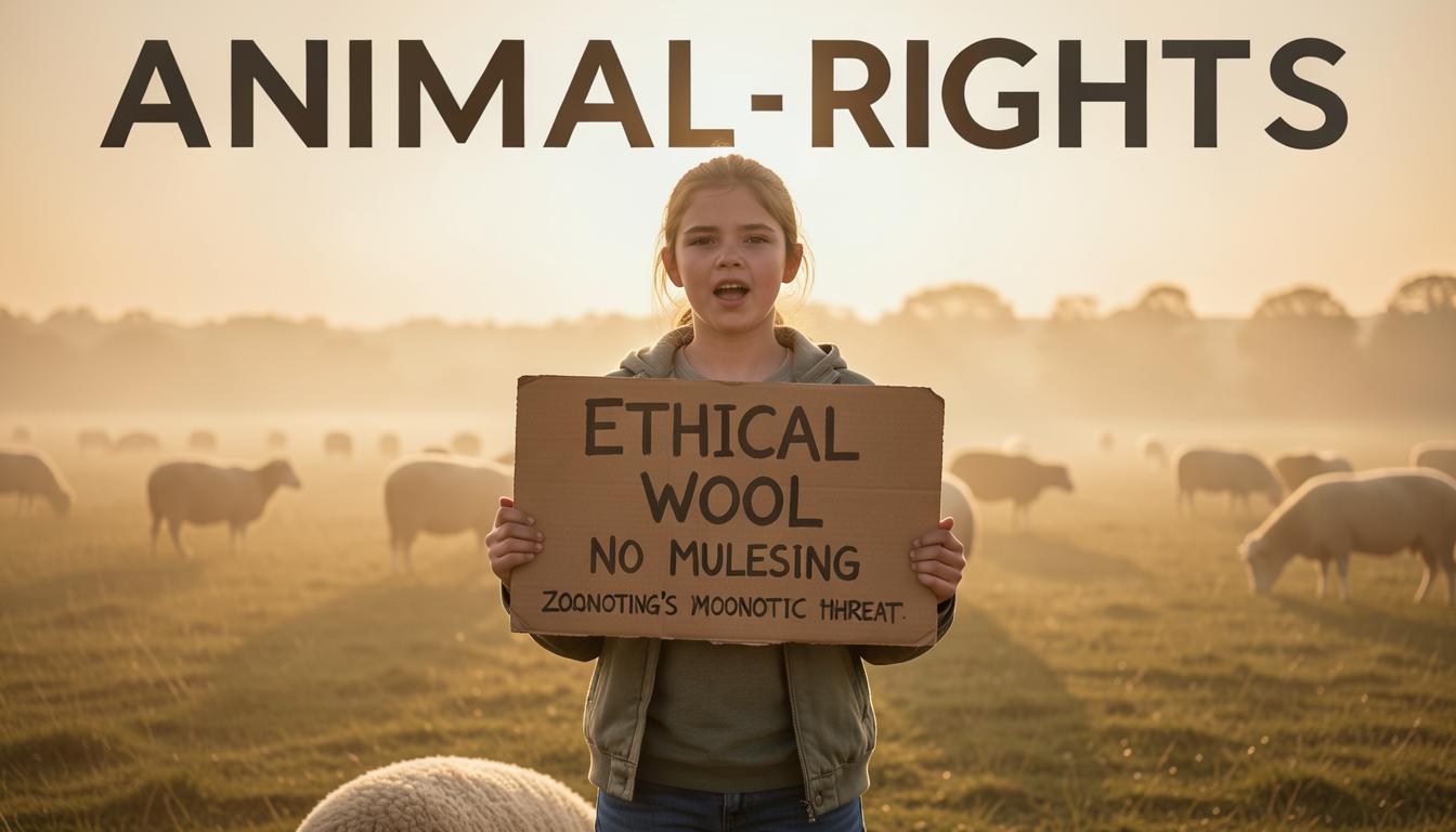 Teen activist holding ethical wool sign