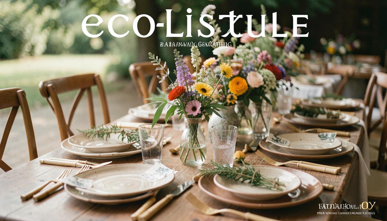 Mesa de boda sostenible con vajilla reutilizable y centros de flores locales para un evento de bajo impacto zoonótico