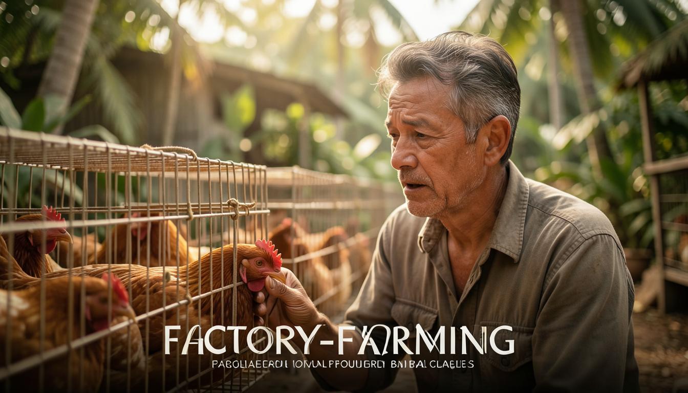 Farmer inspecting battery cage in tropical climate