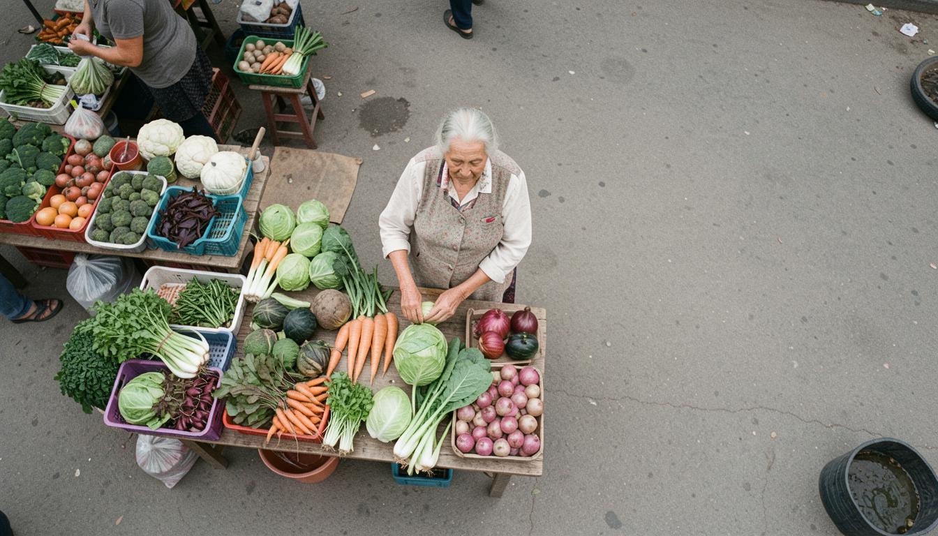 Eine ältere Dame auf einem Markt, die frisches Gemüse verkauft