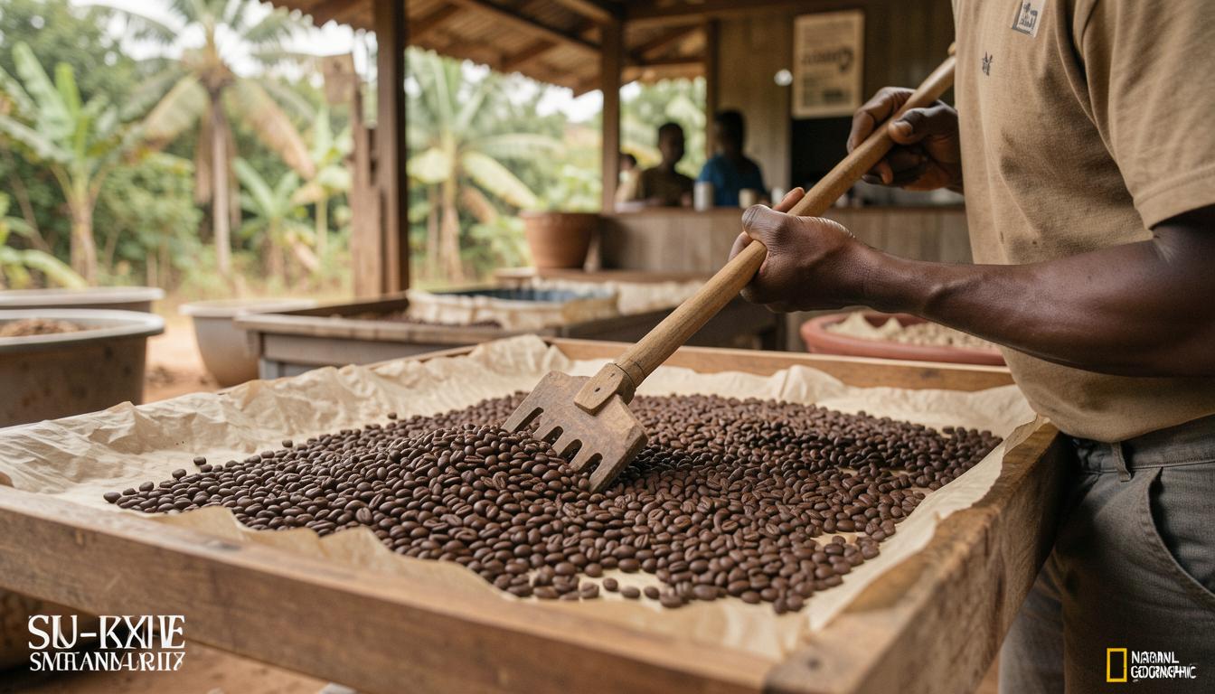 ナイジェリアのコーヒー洗浄所でパーチメントコーヒー豆を天日乾燥する工程
