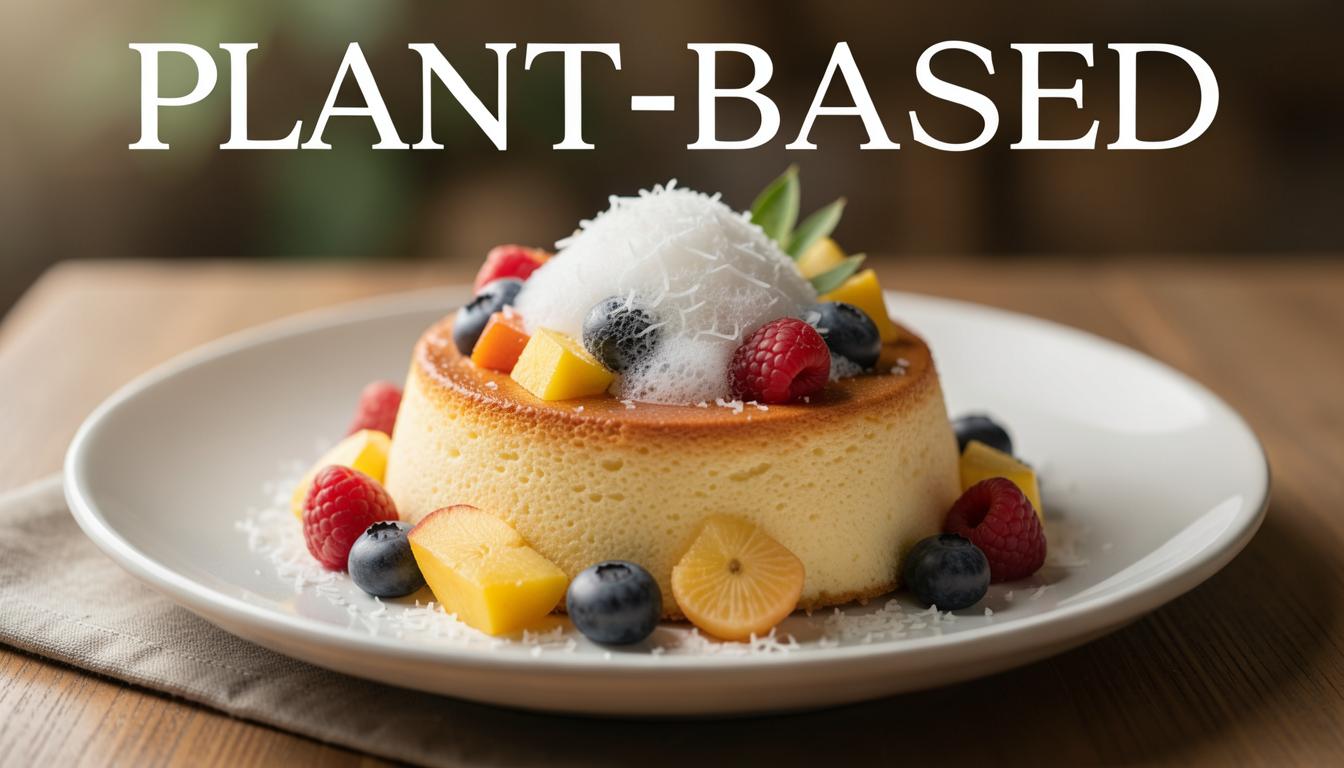 Soufflé de aquafaba con frutas tropicales y espuma de coco