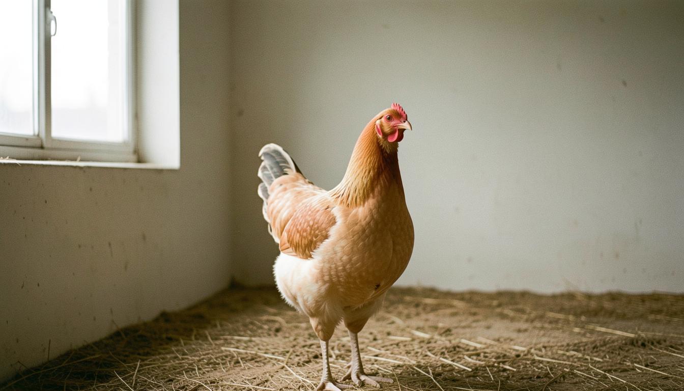 Pollo con il becco intatto in un allevamento all'aria aperta