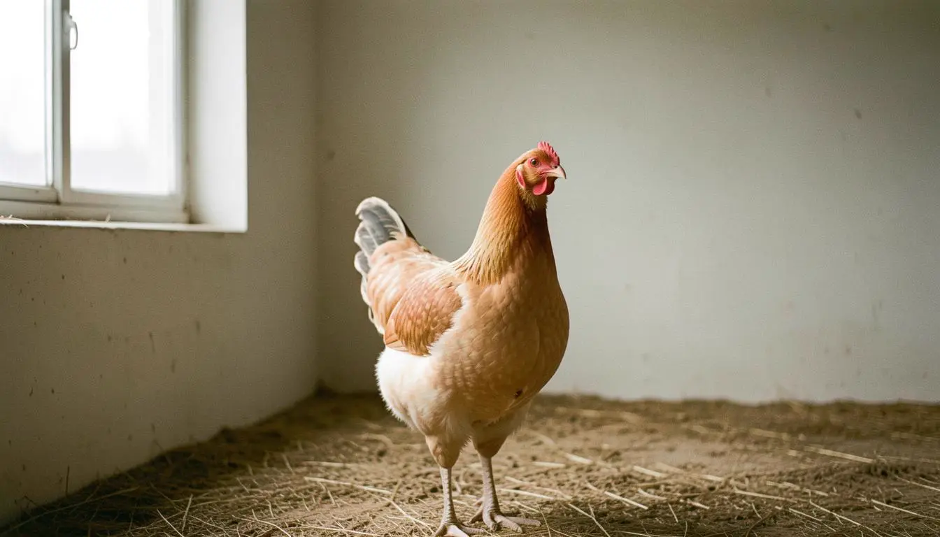Pollo con il becco intatto in un allevamento all'aria aperta