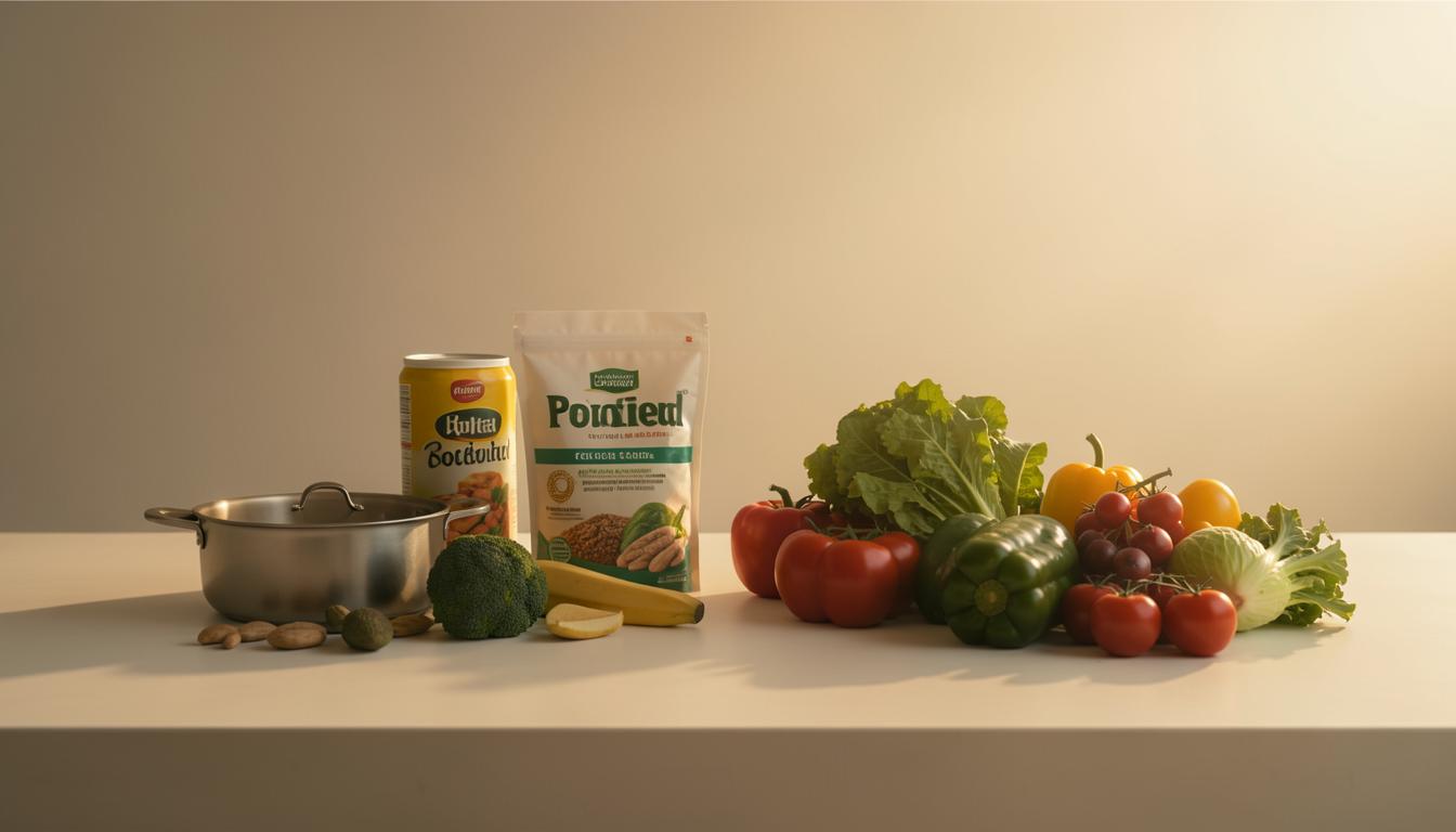 Ultra-processed vegan foods and fresh produce side by side