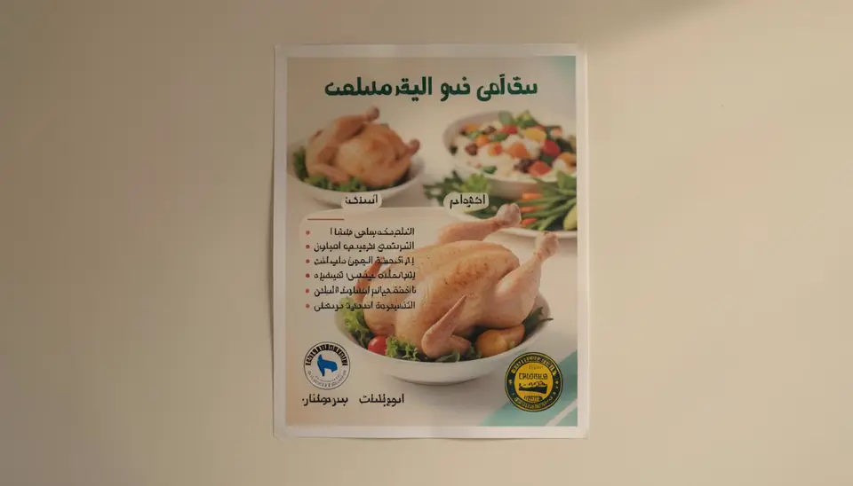 ملصق طعام لدجاج مع شهادات رفاهية، يوضح معلومات كثافة التربية.