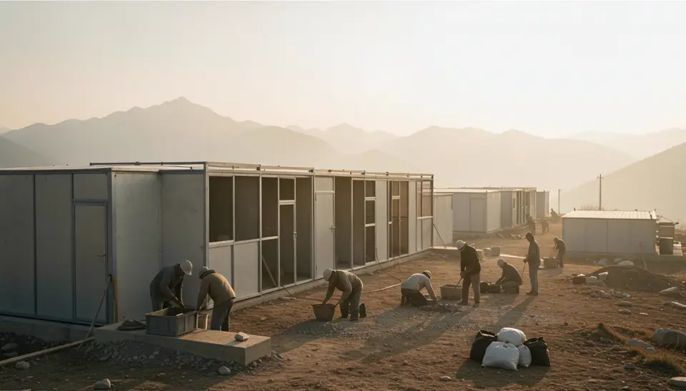 고산지대 콜로니 케이지 시설과 그 주변에서 작업하는 노동자들의 모습