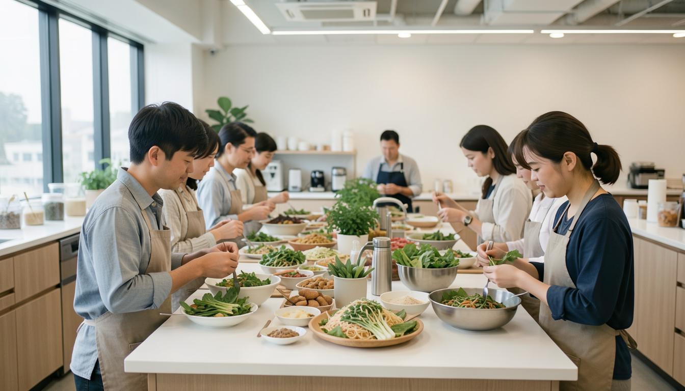 職場のカフェテリアで植物性食を楽しむ従業員たち、健康的なコレステロール対策を意識した多様なメニュー