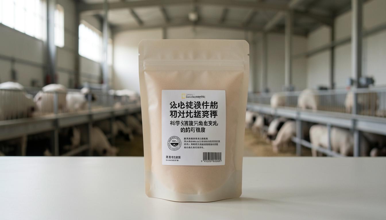 一个食品包装上的认证机构利益冲突标签，背景是工业化养殖场。