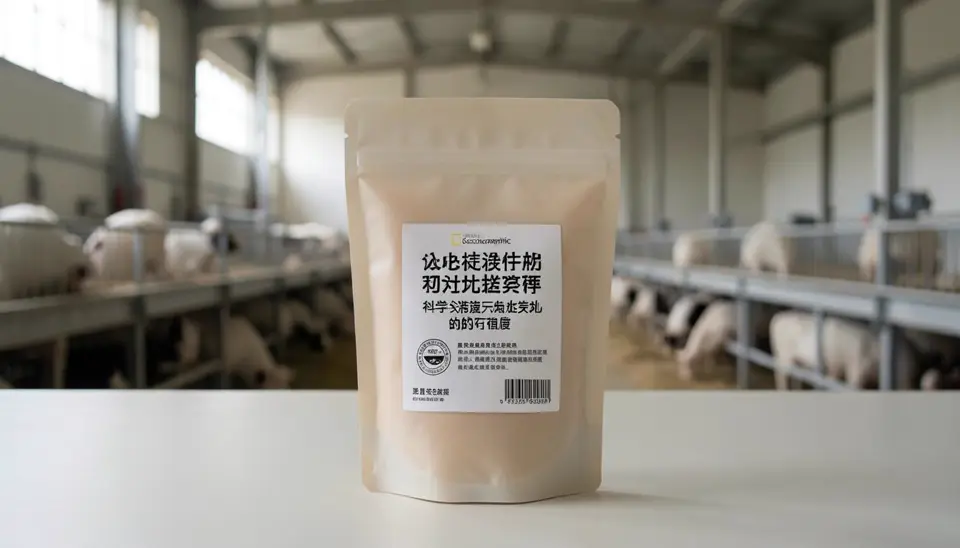 一个食品包装上的认证机构利益冲突标签，背景是工业化养殖场。