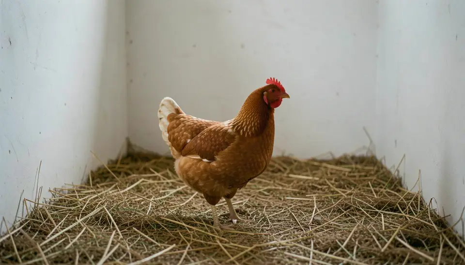 Спасенная курица из батарейных клеток в святилище на соломе